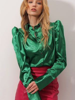Klasszikus szatén gombolt ing Trend Alaçatı Stili - zöld