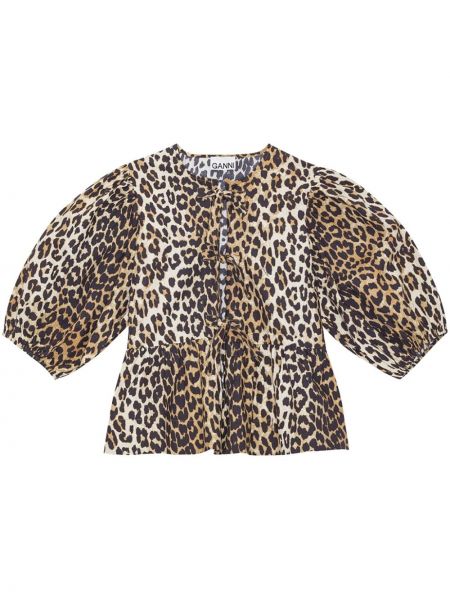Памучна блуза с принт с леопардов принт Ganni кафяво