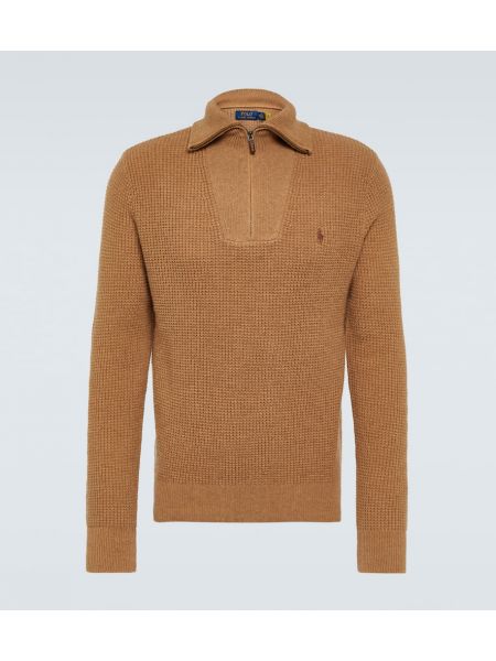 Памучен вълнен пуловер с цип Polo Ralph Lauren кафяво