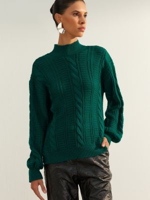 Pletený čipkovaný šnurovací sveter Trendyol zelená