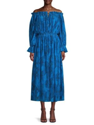 Шелковое платье с открытыми плечами Elie Tahari синее