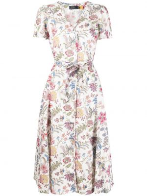 Lanena midi obleka s cvetličnim vzorcem s potiskom Polo Ralph Lauren