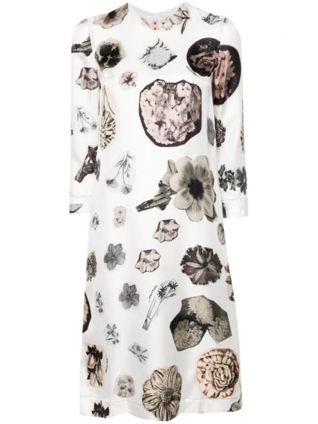 Svilena obleka s cvetličnim vzorcem s potiskom Marni bela