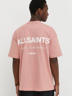 Памучна тениска с дълъг ръкав с принт Allsaints оранжево
