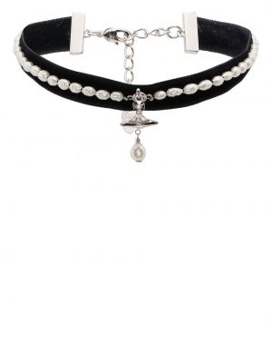 Krištáľový zamatový náhrdelník s perlami Vivienne Westwood čierna