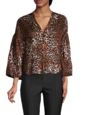 Леопардовая льняная блузка с принтом Veronica Beard коричневая