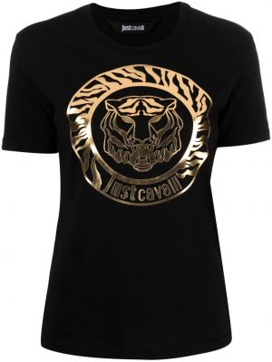 Koszulka bawełniana z nadrukiem w tygrysie prążki Just Cavalli czarna