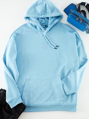 Gėlėtas siuvinėtas džemperis su gobtuvu oversize Trendyol mėlyna