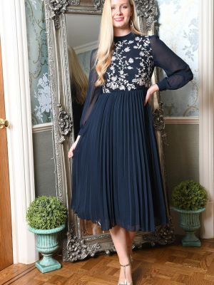 Платье миди с вышивкой с длинным рукавом Yumi синее