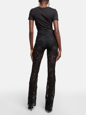 Krajkové květinové rovné kalhoty s vysokým pasem Alessandra Rich černé