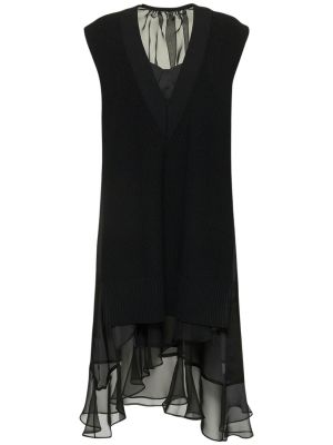 Mini obleka iz šifona z v-izrezom Sacai črna
