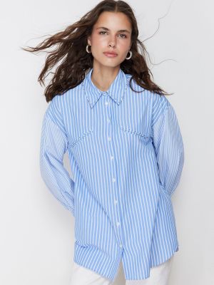 Pletená pruhovaná bavlněná košile Trendyol modrá