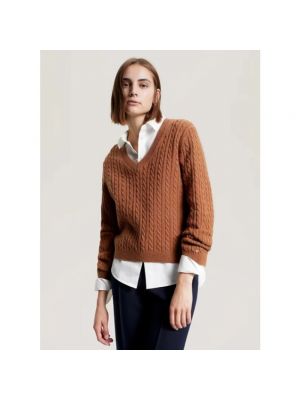 Sweter z dekoltem w serek Tommy Hilfiger brązowy