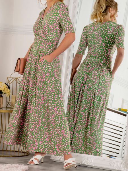 Леопардовое длинное платье с принтом Jolie Moi зеленое