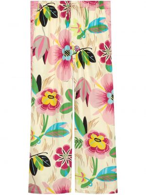 Svilene hlače s cvetličnim vzorcem s potiskom Gucci bela