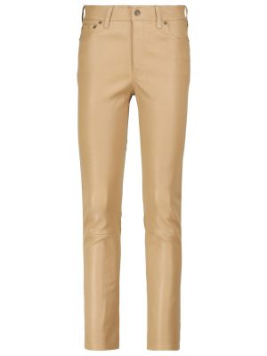 Spodnie z wysoką talią skórzane slim fit Polo Ralph Lauren beżowe