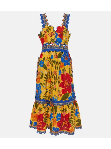 Lanena midi obleka s cvetličnim vzorcem Farm Rio rumena