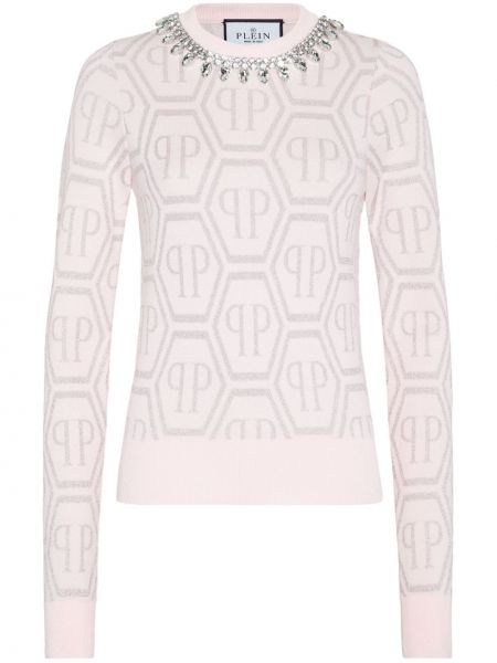 Sweter z kryształkami Philipp Plein różowy