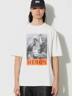 Bavlněné tričko s potiskem Heron Preston béžové
