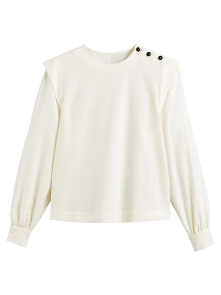 Blusa de lino de algodón de cuello redondo La Redoute Collections blanco