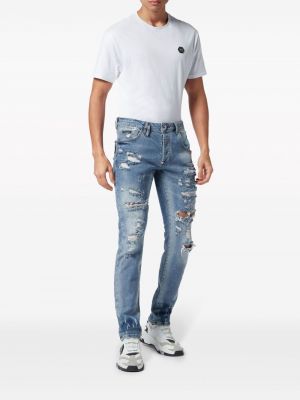 Straight fit džíny s oděrkami s potiskem Philipp Plein modré