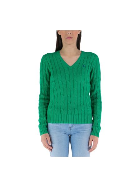 Dzianinowy sweter z dekoltem w serek Ralph Lauren zielony