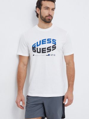 Памучна тениска с дълъг ръкав с принт Guess бежово