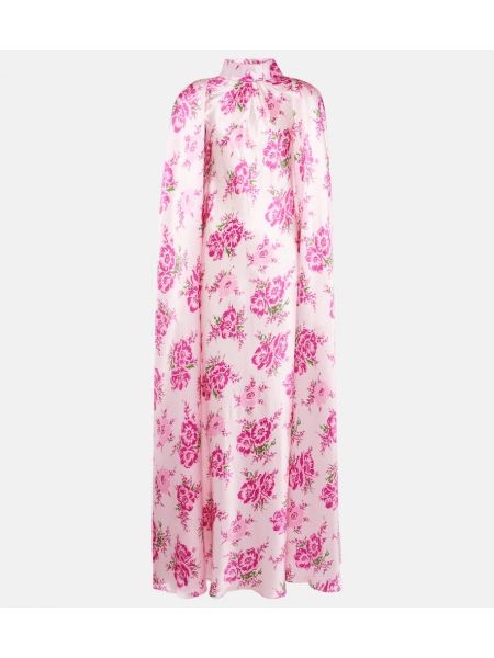 Květinové hedvábné saténové dlouhé šaty Rodarte růžové