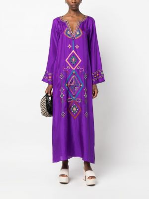 Jedwabna haftowana sukienka koktajlowa Muzungu Sisters fioletowa