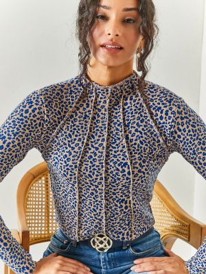 Леопардовая блузка с принтом с высоким воротником Olalook синяя