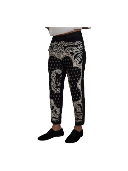Jedwabne proste spodnie z nadrukiem slim fit Dolce And Gabbana czarne