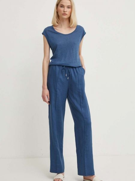 Lniane proste spodnie z wysoką talią United Colors Of Benetton niebieskie