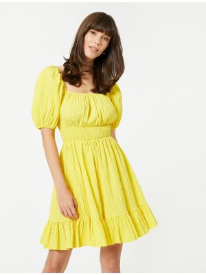 Pamučna mini haljina s balon rukavima Koton žuta