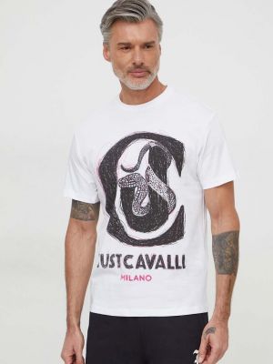 Памучна тениска с дълъг ръкав с принт Just Cavalli бяло