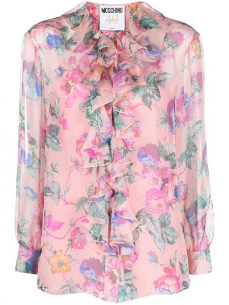 Блуза на цветя с принт с волани Moschino розово
