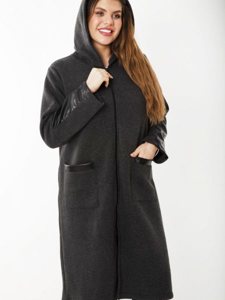 Kožený kabát s kapucí z imitace kůže şans šedý