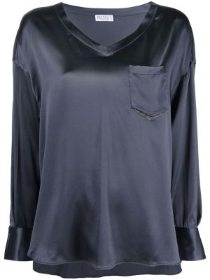 Копринена блуза с v-образно деколте Brunello Cucinelli синьо