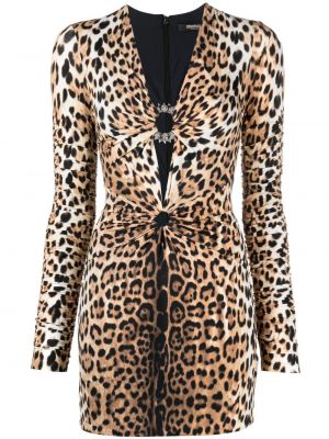 Коктейлна рокля с принт с леопардов принт с v-образно деколте Roberto Cavalli