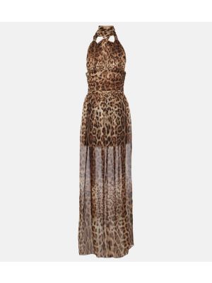Jedwabna sukienka długa szyfonowa z nadrukiem Dolce&gabbana brązowa