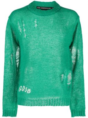 Haftowany sweter z przetarciami Andersson Bell zielony