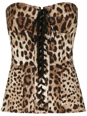 Šnurovací top s potlačou s leopardím vzorom Dolce & Gabbana hnedá