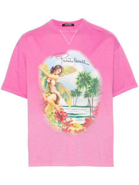Памучна тениска с принт Roberto Cavalli розово