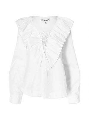 Хлопковая блузка с v-образным вырезом Ganni белая