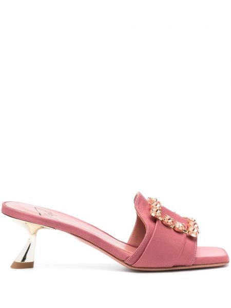 Papuci tip mules din satin cu cataramă de cristal Roberto Festa roz