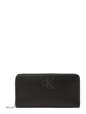 Kožený peňaženka s výšivkou Calvin Klein Jeans - čierna
