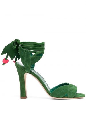 Čipkované semišové šnurovacie sandále Manolo Blahnik zelená