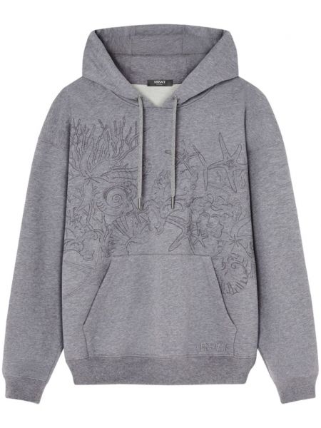 Pamučna hoodie s kapuljačom s vezom Versace siva