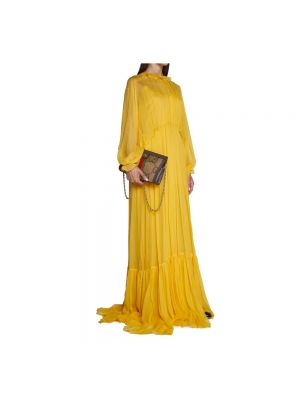 Vestido largo de seda con volantes Gucci amarillo