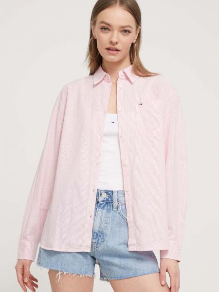 Джинсовая рубашка свободного кроя Tommy Jeans розовая