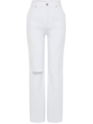 Voľné roztrhané džínsy s vysokým pásom Trendyol biela